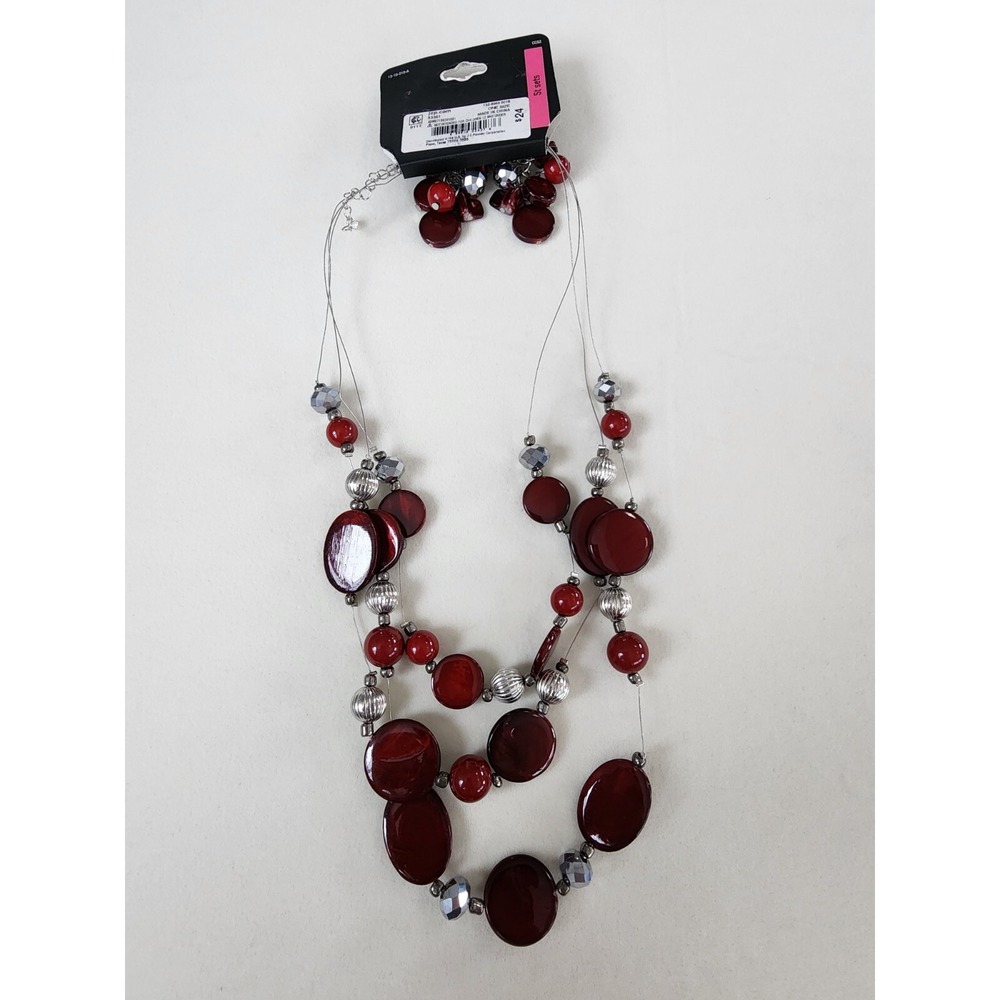 New MIXIT JCP Red Shell Faceted Gray Bead Silver Tone Layered Necklace FREE $HIP - Picture 6 of 9